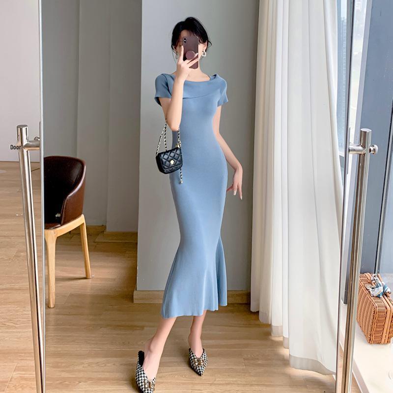 Spring/Summer Knitted Ice Silk Short Sleeve Fishtail Dress