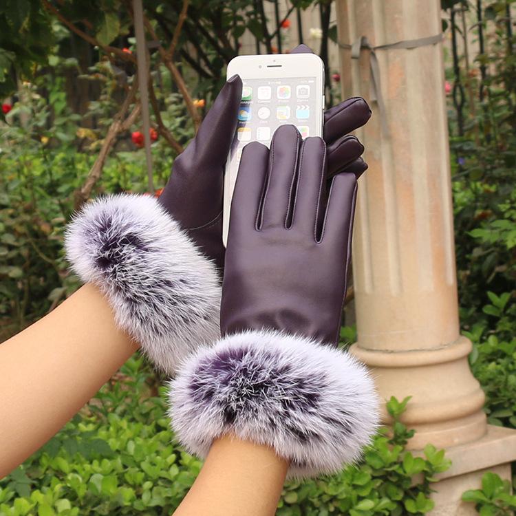 Warm Leather Gloves for Women In Autumn and Winter Outdoor Riding PU Leather Color Rabbit Fur Mouth Plus Velvet Cold Proof Touch Screen Gloves