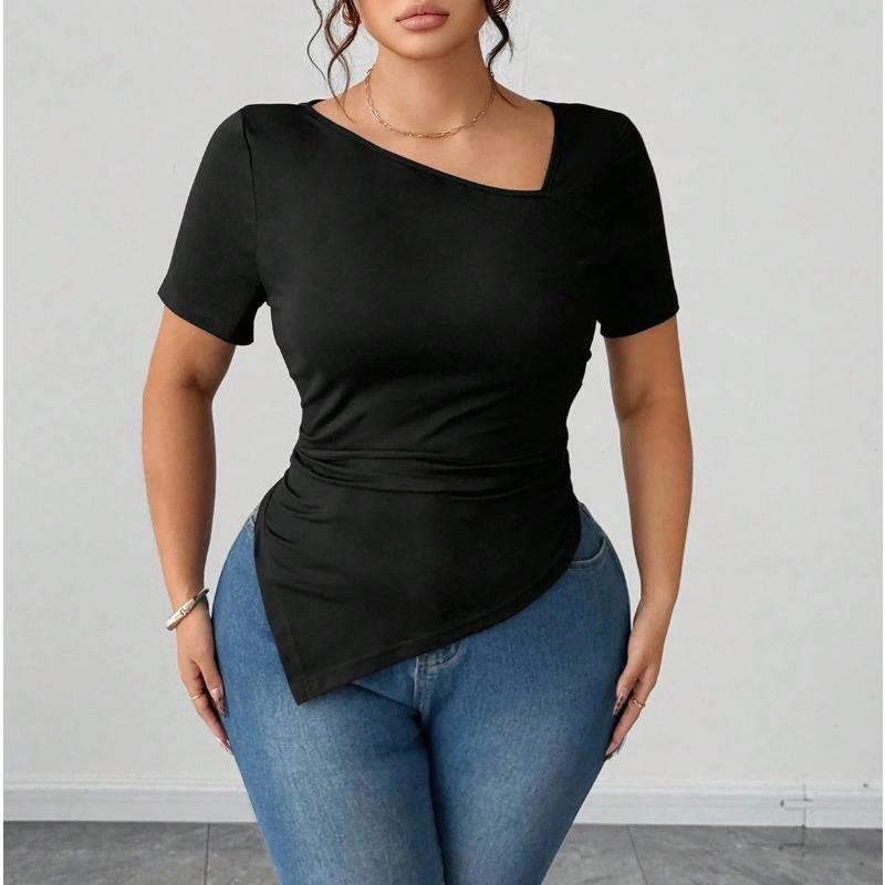 Summer New Style Oblique V-neck Fashion Slim Solid Color Simple Versatile Short-sleeved T-shirt
