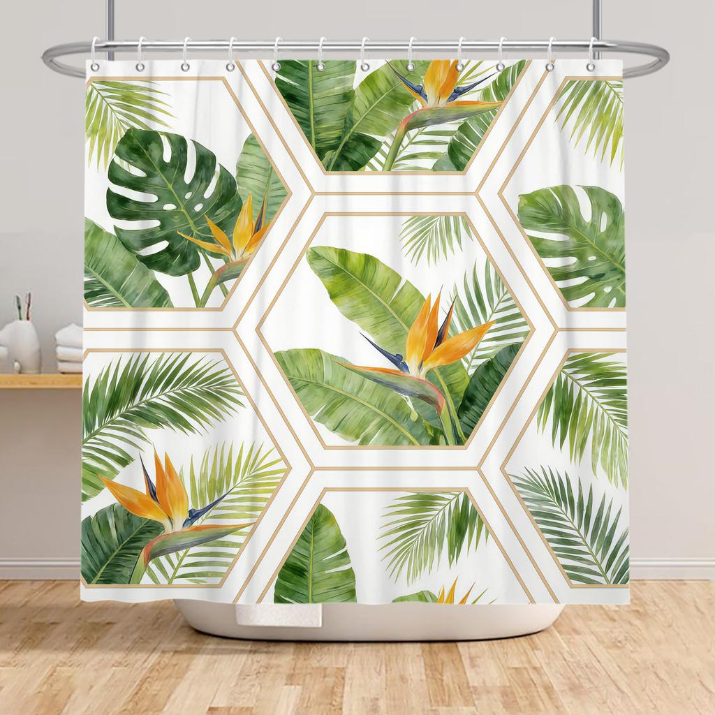 Tropical Rainfores Bathroom Shower Curtain Plant Green Leaves Simple Line Decor Waterproof Bathtub Bathroom Curtain With Hooks