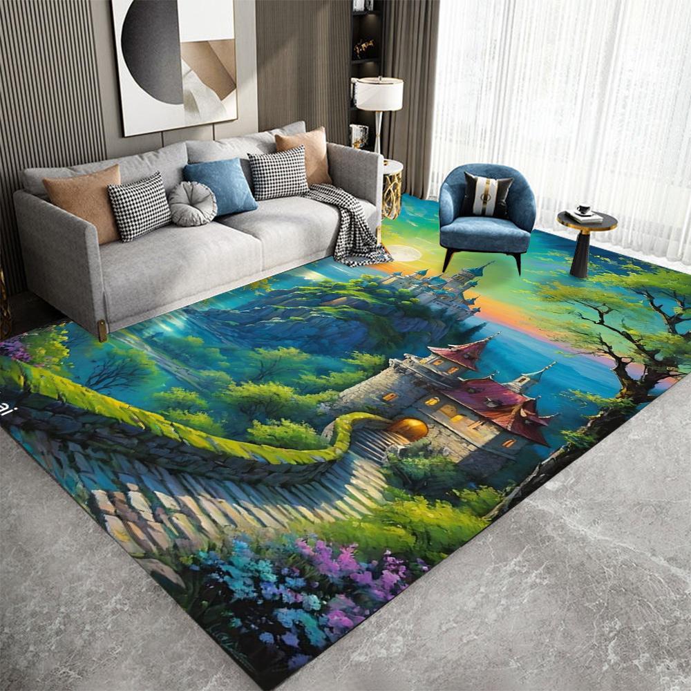 Tropical Beach Scene Carpet  With Palm Tree Flowers Vintage Car Coastal Road Waterfront Hut Patterns Rug For Living Room Decor