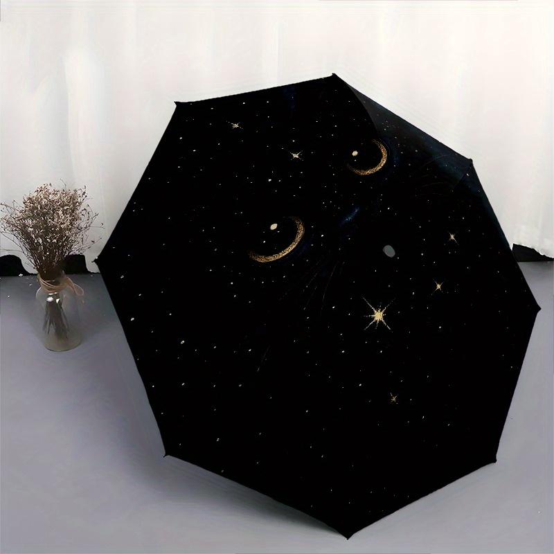 Parapluie Pliant Automatique Chat de Minuit, Félin Céleste 8 Baleines, Structure en Fer Durable, Motif de Couleur Vive Parapluie Compact de Voyage, Suita