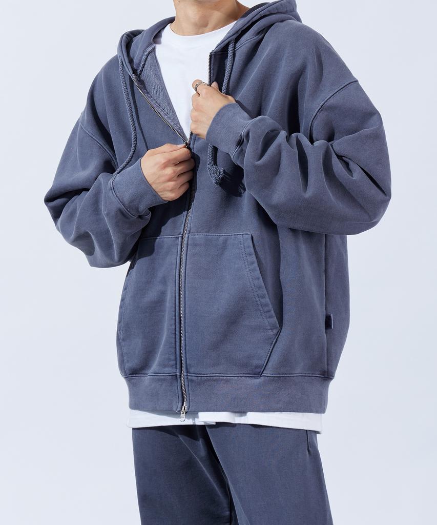 Topboy Heavy Duty Pigment Two-Way Zip-Up Hoodie Stone Navy
