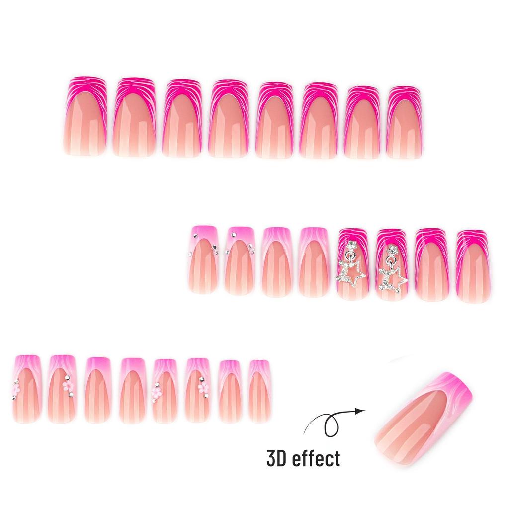3D Star French Floral Rhinestone Gradient Square Nails - Medium-Long Luxury Wearable Nail Tips