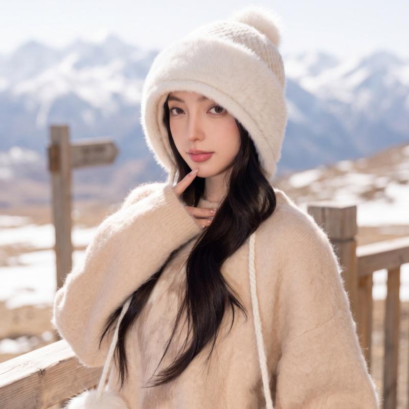 Winter Thickened Warm Ear Cap Women's Plush Big Hairball Knitted Hat Outdoor Windproof and Cold-proof Plush Hat