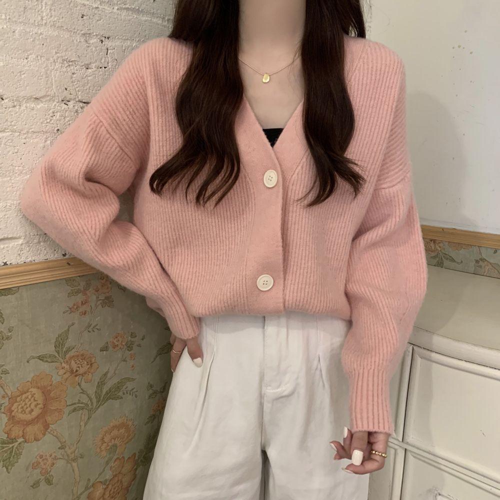 Vintage v-neck knitted cardigan jacket spring and autumn new loose lazy wind soft waxy sweater women