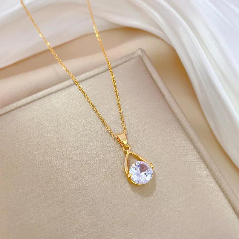

Luxury Water Drop Crystal Pendant Necklace for Women Korea Trendy Gold Color Stainless Steel Bride Collar Zircon Accessory Gift золотой