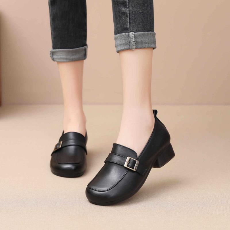 Deep mouth small leather shoes round head thick heel soft sole single shoes first layer cowhide versatile women's shoes