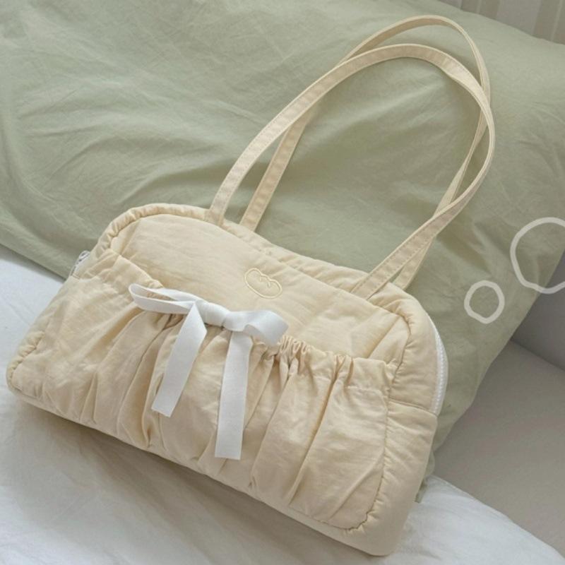 Embroidered Bow, Tie, Boston Bag, Large Capacity, Commuter, Women's, Daily, Pleated Shoulder Bag