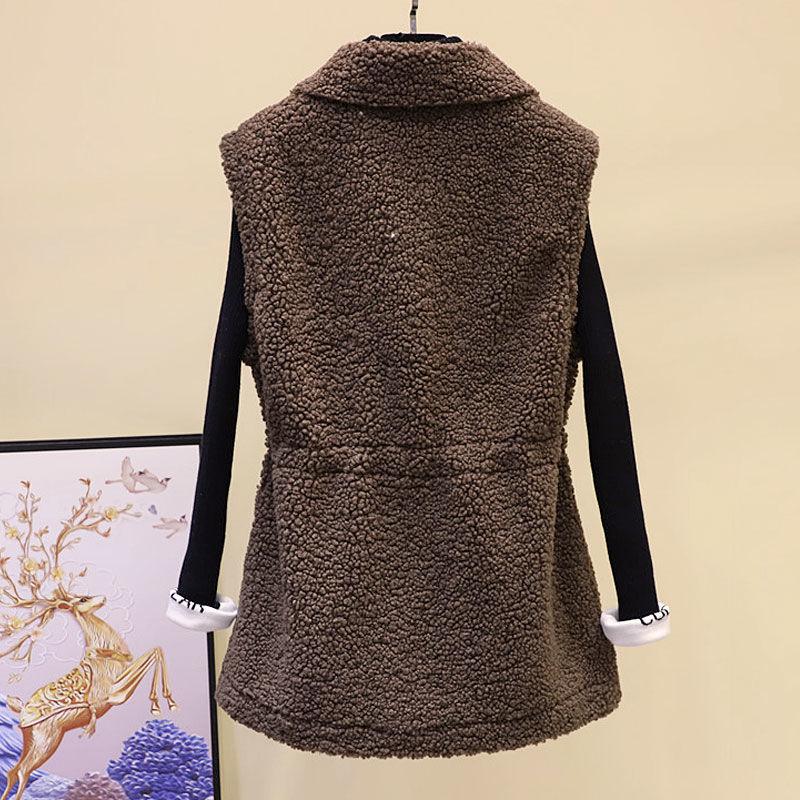 Lamb Wool Waistcoat Jacket Female Autumn and Winter Loose Mid-length Outer Jacket Solid Color Pocket Sleeveless Sweater