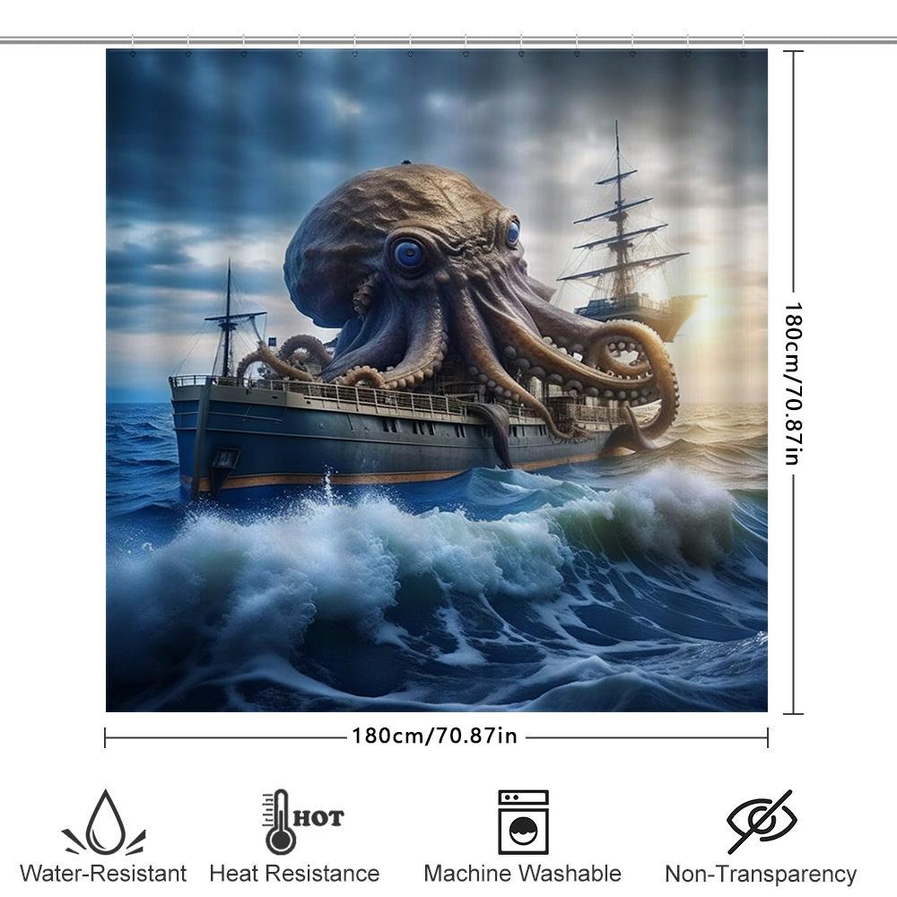 Underwater Adventure Shower Curtain Octopus Attack Design Blue Ocean Waves Decor Bathroom Fabric Waterproof For Kids Adults Bath