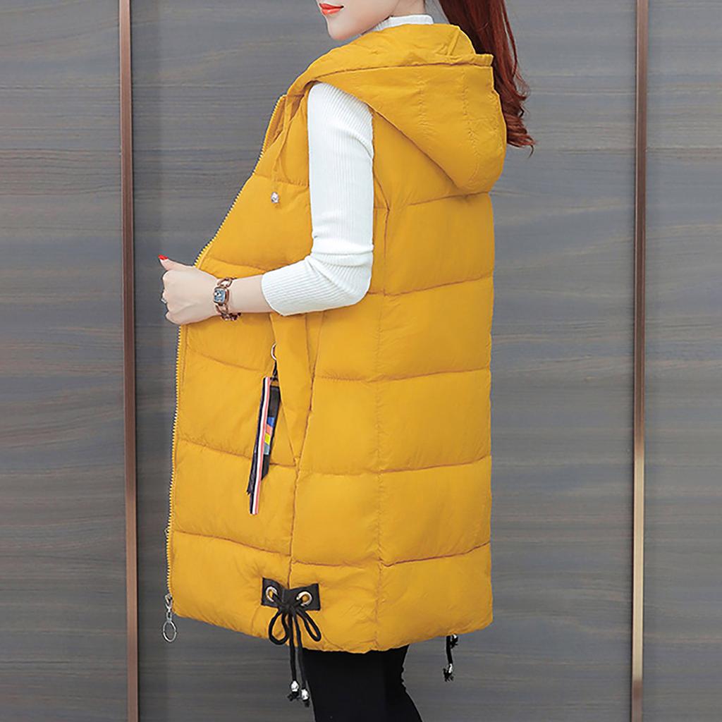 Womens Ladies Warm Plus Size Solid Color Hooded Single Breasted Medium Length Cotton Jacket Waistcoat Slim Cardigan Coat