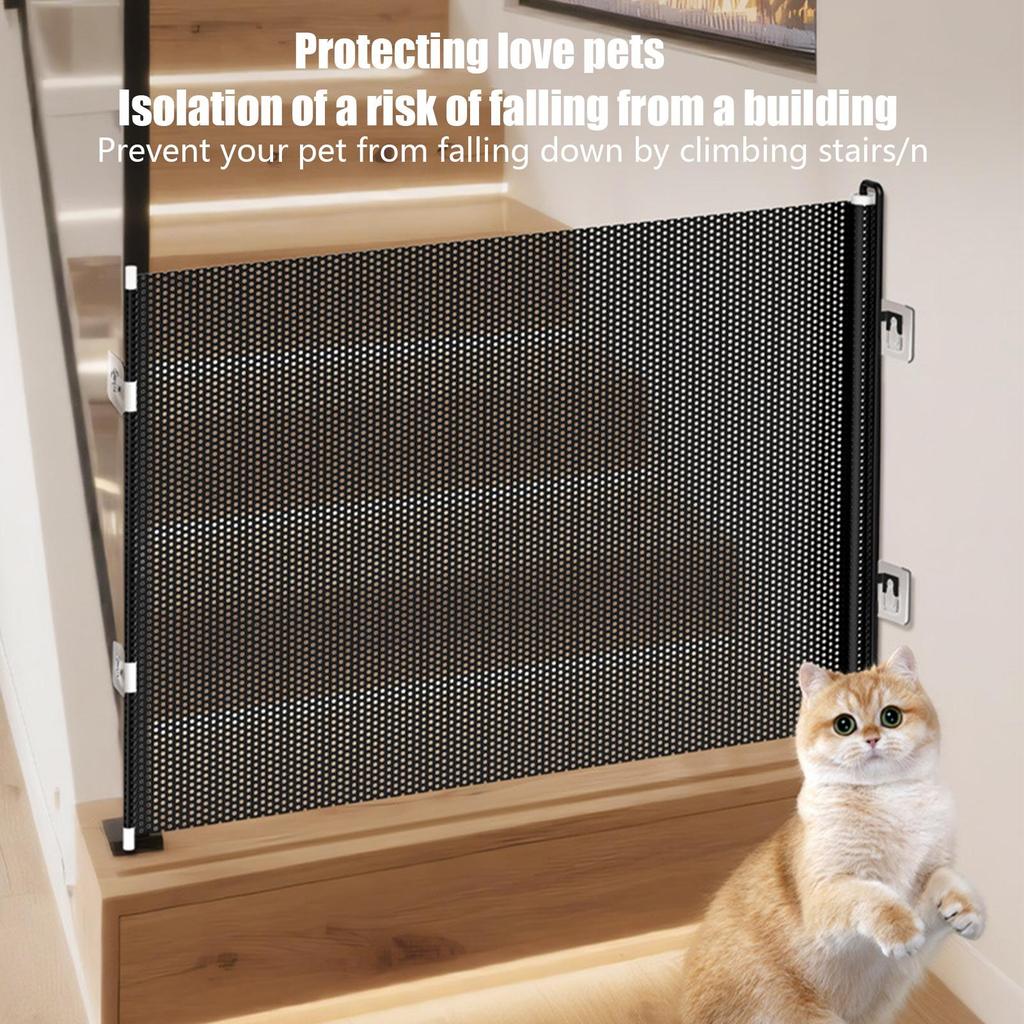 Retractable Pet Safety Gate Baby Barrier Indoor Mesh Fence Stair Barrier for Dogs Kitten with Reinforced Strip Prevent Crawling