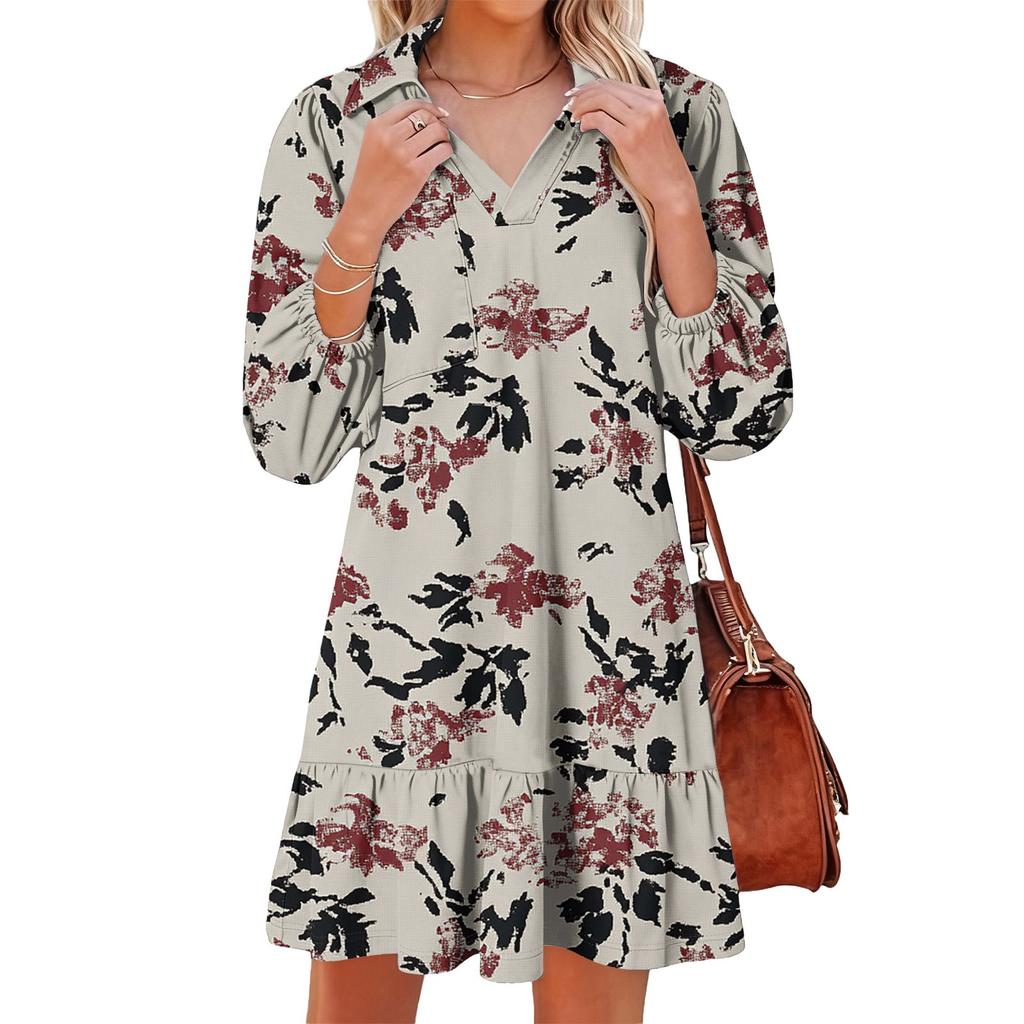 Women's Fashion Elegant Autmn And Winter Long Sleeve V,Neck Christmas Print Dress