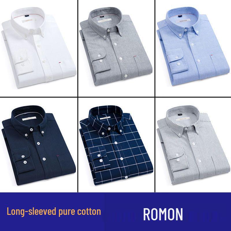 Romon Men's High-End Blue & White Cotton Oxford Long Sleeve Button-Down Shirt