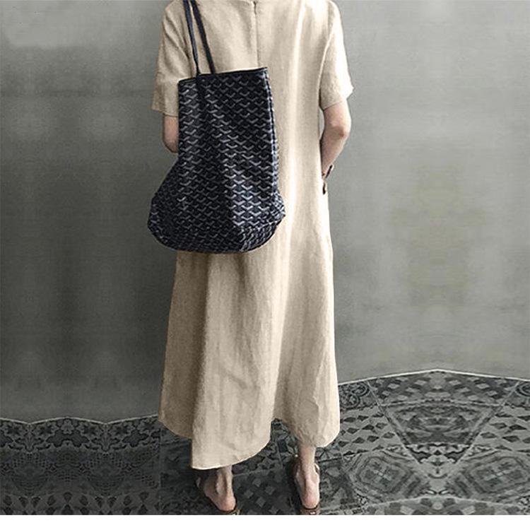 Creative Style 2026 Summer Literary National Retro Women's Cotton Linen V-Neck Loose Swing Dress