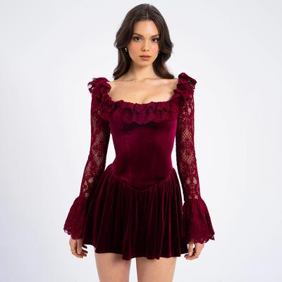 Elegant Velvet Dress Women Off Shoulder Sexy Long Sleeves Bandage Mini Dresses Female 2024 Fashion Solid Bandage Party Robe