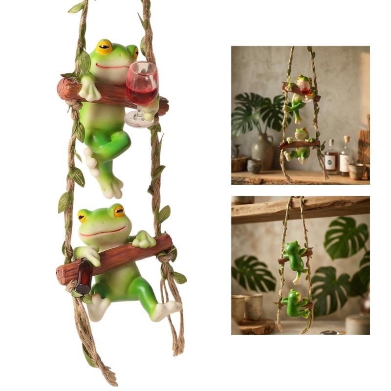 Cute Frogs Climbing Ladder With Wine Cup Wall Hanging Decors Resin Sculpture For Home Bookshelves And Garden Decoration