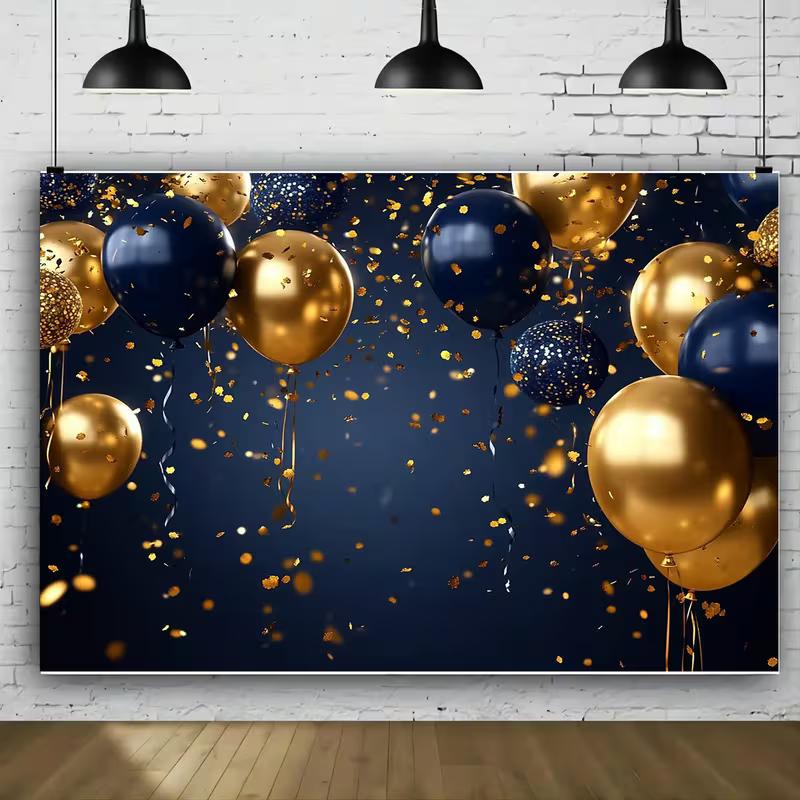 2D Navy Blue Gold Balloon Backdrop Cloth for Birthday, Graduation & Wedding