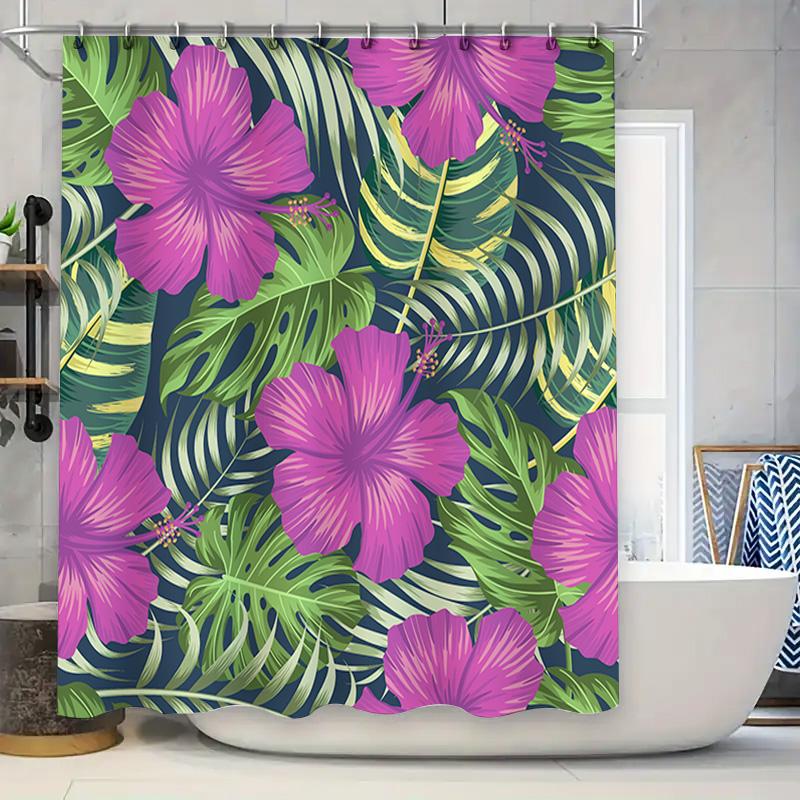 Modern Style Floral Print Shower Curtain for Bathroom Decor – Pink Hibiscus Green Leaves Pattern In Blue Watercolor Effect 72 X