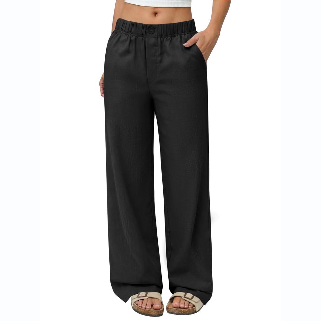 Women's Summer Casual Loose-Fit Flowy Linen Beach Pants With Pockets And Wide Legs