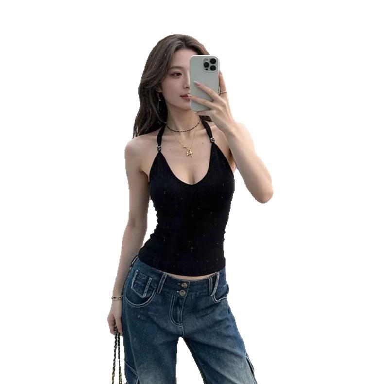 Sweet and cool Spice Girl design sense v-neck beaded neck sling vest women's summer new slim and thin chic top