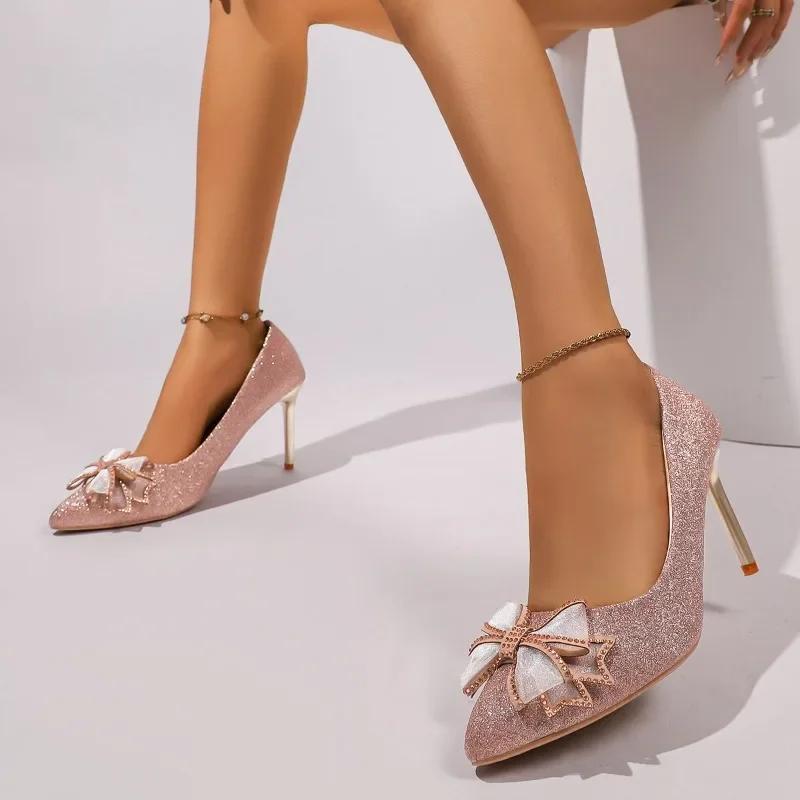 Fashion French Butterfly Wedding Shoes Women's Stiletto Pointed Toe High Heels Champagne