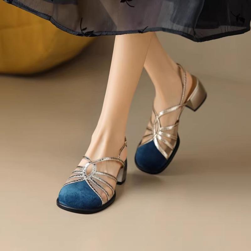 

Модные новые сандалии с круглым носком в тонких тонких ремешках, плетеные, с одной пряжкой, толстый каблук, римские туфли с застежкой-булавкой 40 синий