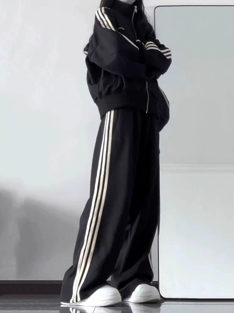 Women's Autumn Campus Casual Set: Three-Stripe Zip-Up Jacket and Sweatpants