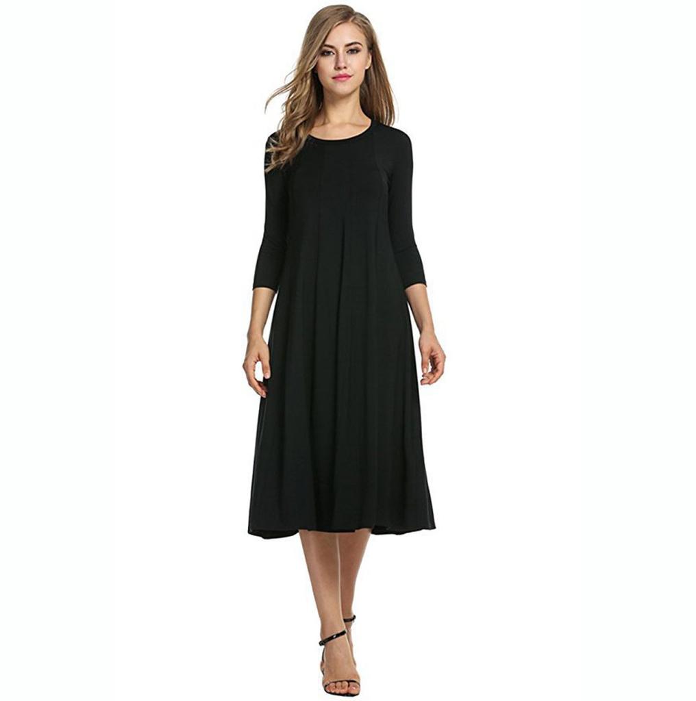 Round Neck Mid-sleeve Solid Color Swing Dress Fashion Temperament Elegant Women's Clothing