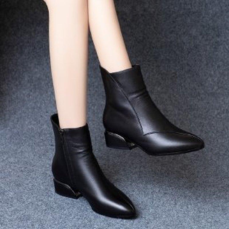 Small Short Boots Soft Leather Thick Heel Medium Heel 2024 Autumn and Winter New Women's Black All-match Comfortable Nude Boots