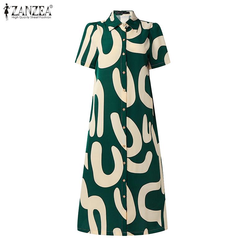 ZANZEA Women Casual Turn Down Collar Short Sleeve Print Dress