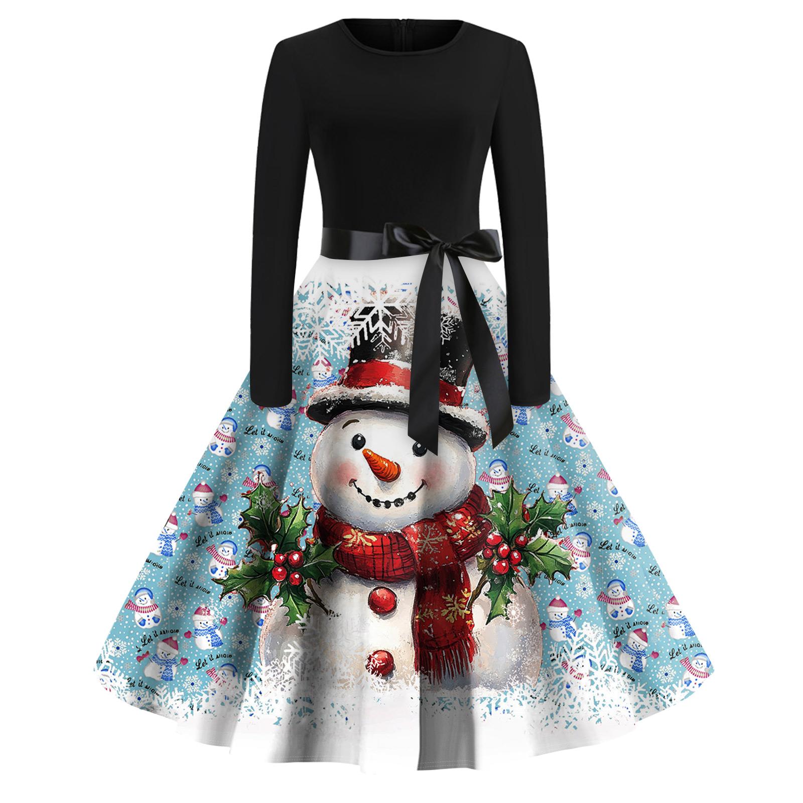 

Рождественский принт расклешенное платье для женщин платье с длинным рукавом полые вечерние повседневные платья XXL синий