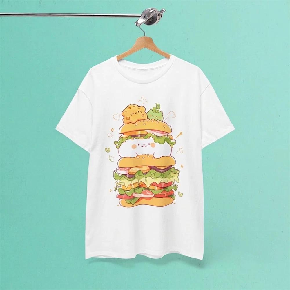 Kawaii Cat Burger Funny Harajuku Style White TShirt Gift For Fans S