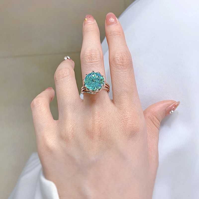 SACE GEMS Lotus Flower Rings for Women 925 Sterling Silver 12mm Green High Carbon Diamond Ice Flower Cut