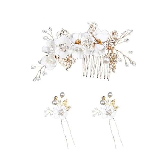 3-Piece Flower Hairpin Set with Pearl Accents - Elegant Hair Accessories for Weddings, Parties, and Special Occasions (White)