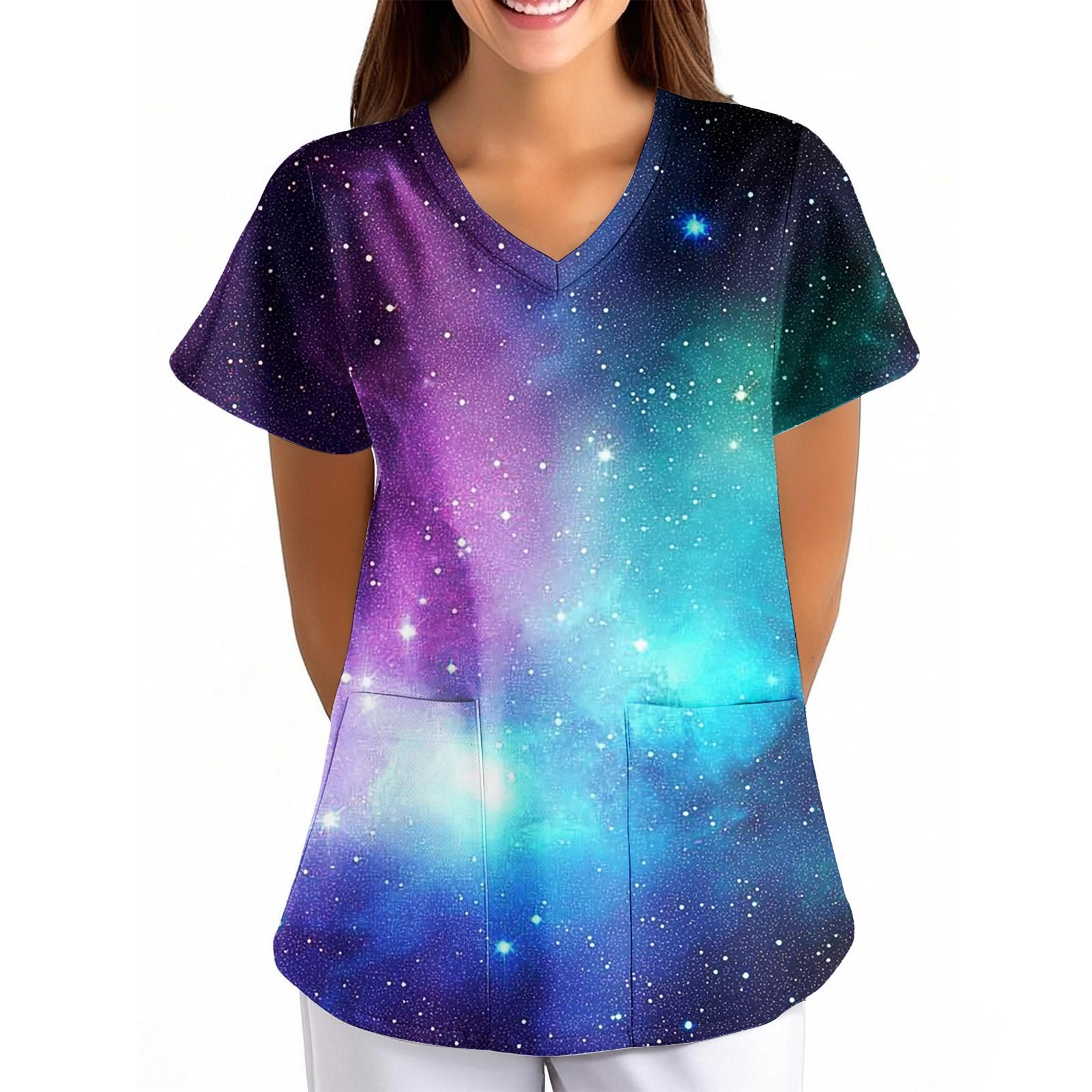 

Women s Sky Print Loose V-neck Pocket Short-sleeved Uniform Uniform XL небо синє кольору