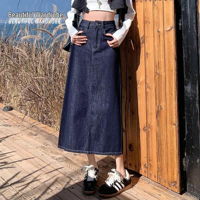 Women s High-Waist Denim Slit A-Line Midi Skirt 2XL