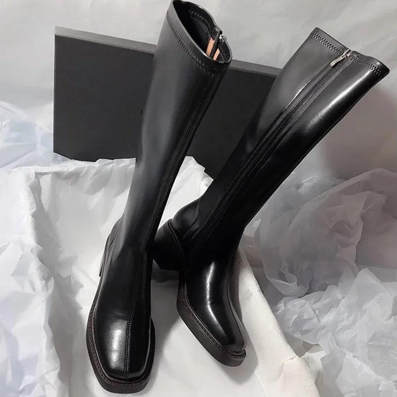 Fashion 2025 New Vintage Thick Heel Women Knee High Boots Fashion Side Zippers Shoes Autumn Winter Ladies Concise Long Botas De Mujer
