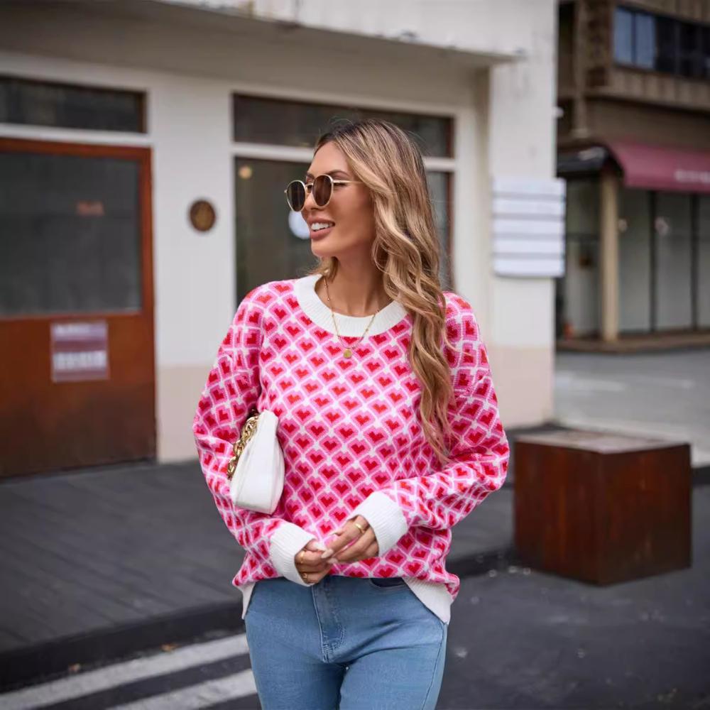 

Осень 2025 Новый свитер Пуловер с круглым вырезом Большой размер Маленький свитер с персиковым сердечком Женский XL розы красного