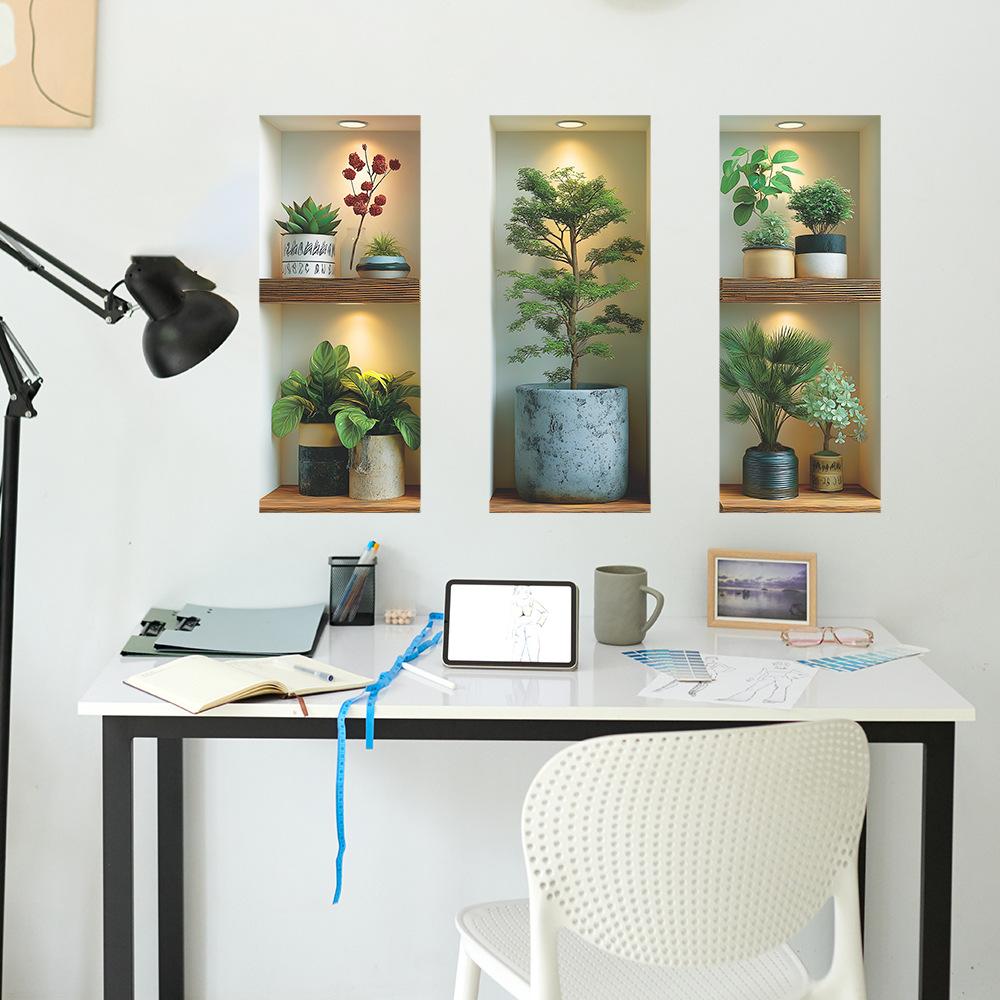 Artificial Green Plant Potted Plant Three-panel Painting, Background Beautification and Decorative Wall Stickers for Living Room and Dining Room