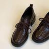 Washed soft leather~ British retro round head lace-up loafers commuting versatile thick heel small leather shoes women's casual single shoes