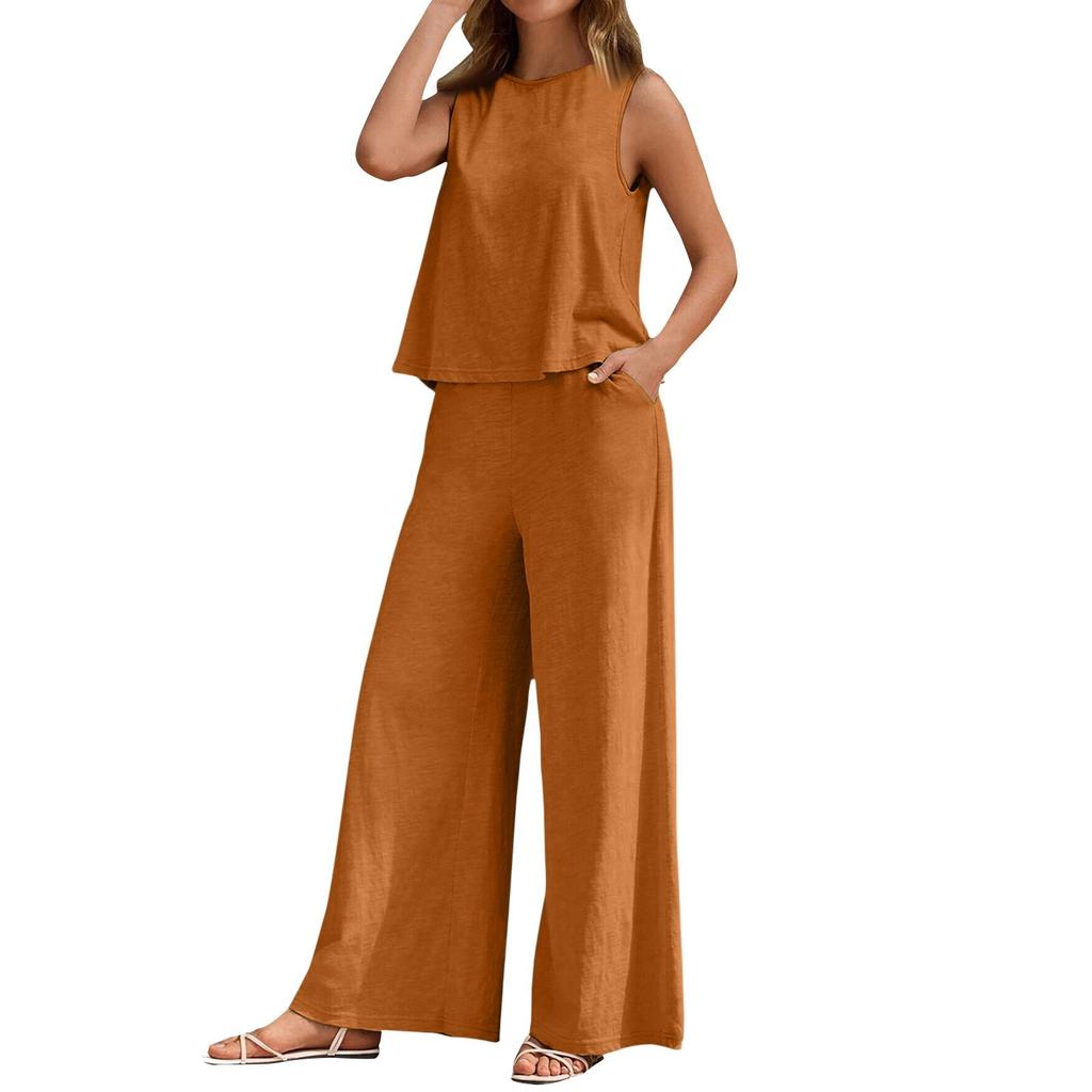 Fashion Ladies Solid Color Elegant Two Piece Round Neck Vest And Wide Leg Pants Suit Women's Clothing