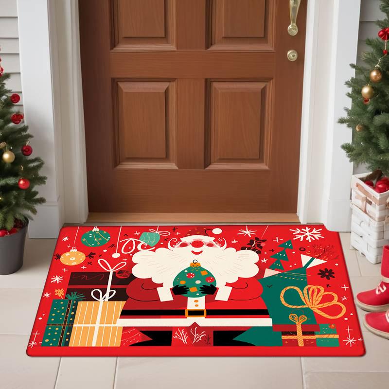 Flannel Thickness 0.47inch - 1pc Cartoon Christmas Door Mat, Santa Claus and Christmas Gifts Print Absorbent Non-Slip Mat, Comfo