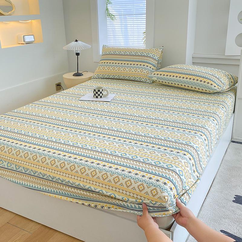 Printed Coarse Cloth Non-Slip Single Bed Sheet Set with Mattress Protector