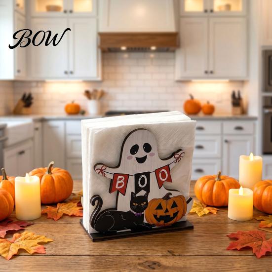 Decorative Tabletop Organizer Halloween Ghost Wooden Napkin Holder, Cute Paper Towel Autumn Themed Holder Stand, Freestanding Tissue Dispenser