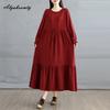 Korean Style Plus Size Spring Autumn Women Midi Dress O Neck Red Green Brown Burgundy Oversized Dress Lace Up Embroidery Cotton Dress