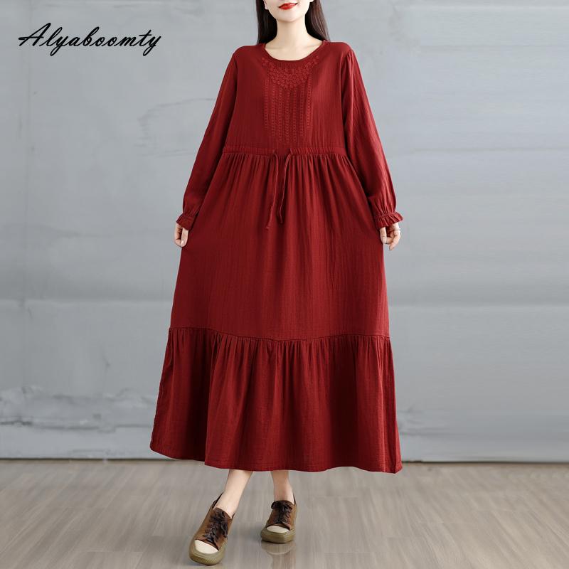 Korean Style Plus Size Spring Autumn Women Midi Dress O Neck Red Green Brown Burgundy Oversized Dress Lace Up Embroidery Cotton Dress