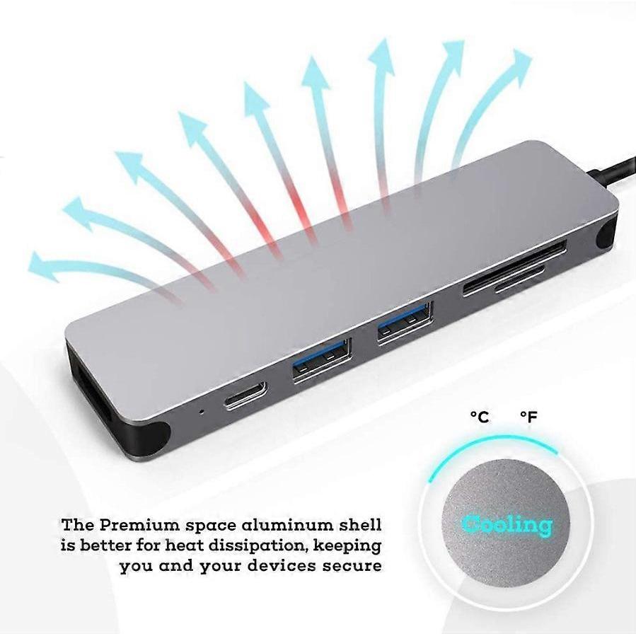 6-in-1 USB-C Hub for MacBook Pro – Type-C 4K HDMI Multiport Adapter with SD Card Reader – Gray