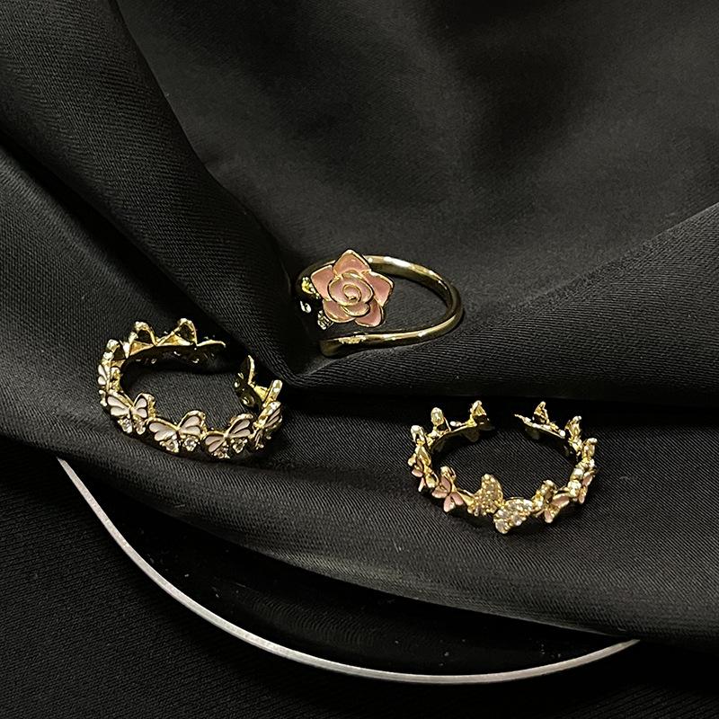 New Disc Language Series Golden Butterfly Rose Open Ring Niche Design French Premium Stacked Ring